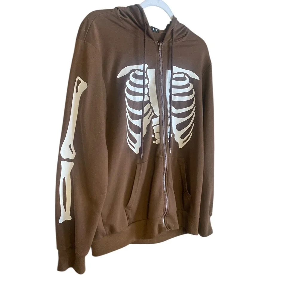 ROMWE Brown Skeleton Rib Cage Zip Up Hoodie Jacket Long Sleeve‎ Size M